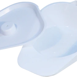 White slipper bedpan with an open lid, showing the interior.