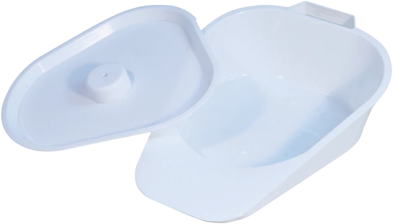 White slipper bedpan with an open lid, showing the interior.