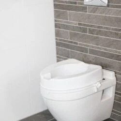 Raised toilet seat installed on a wall-mounted toilet in a modern bathroom.
