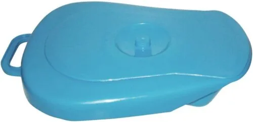 Blue plastic bedpan with a lid and handle.