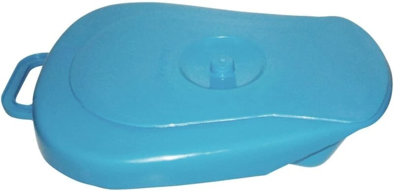 Blue plastic bedpan with a lid and handle.