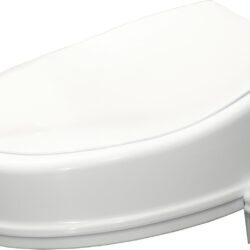 White elevated toilet seat with lid and side adjustment knob.