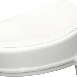 White elevated toilet seat with lid and side adjustment knob.