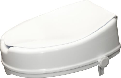 White elevated toilet seat with lid and side adjustment knob.