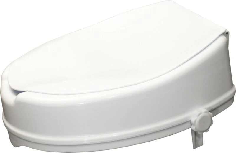 White elevated toilet seat with lid and side adjustment knob.