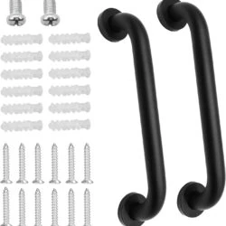 Two black grab bars with screws and anchors for mounting.