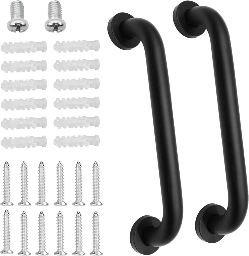 Two black grab bars with screws and anchors for mounting.