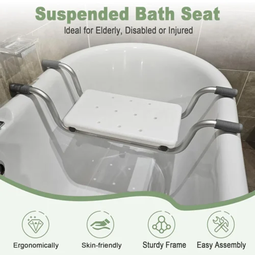 Suspended bath seat with aluminum frame in a bathtub.
