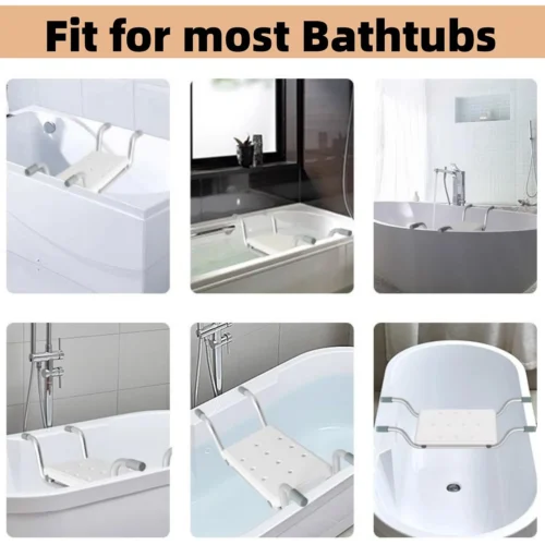 Suspended bath seat shown in different bathtubs, highlighting versatility.
