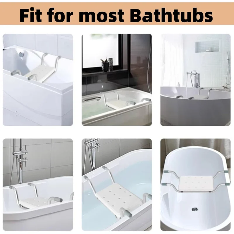 Suspended bath seat shown in different bathtubs, highlighting versatility.
