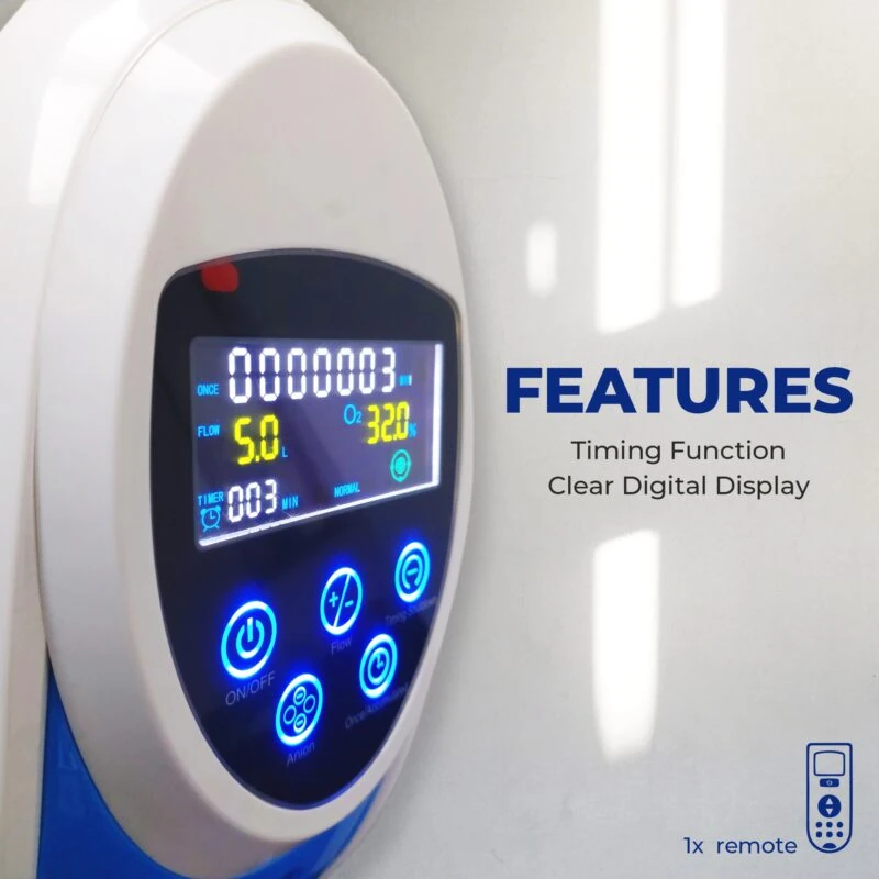 Close-up of Bio-Lec O2 Concentrator's digital display and control panel.