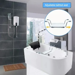 Adjustable bath seat placed inside a modern bathtub with a city view.