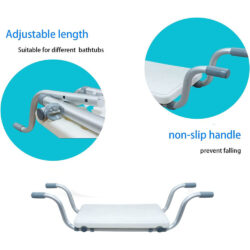 Suspended bath seat with adjustable length and non-slip handles.