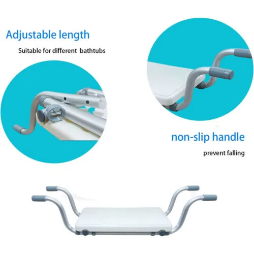 Suspended bath seat with adjustable length and non-slip handles.
