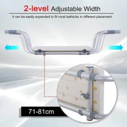 Adjustable bath seat with aluminum frame and ergonomic seat.