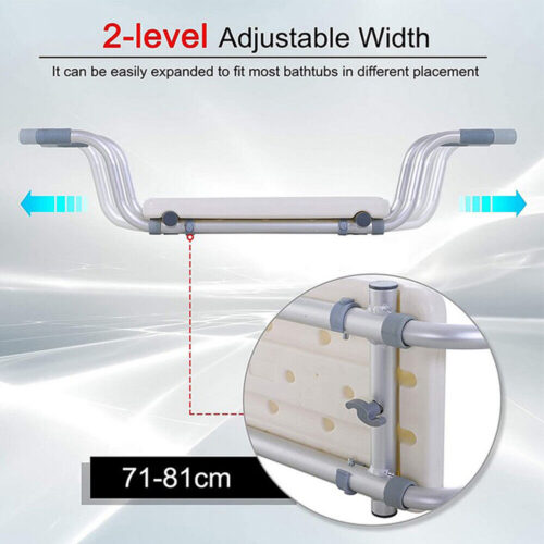 Adjustable bath seat with aluminum frame and ergonomic seat.