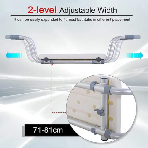 Adjustable bath seat with aluminum frame and ergonomic seat.