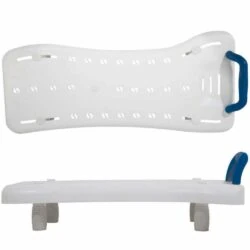 Top and side view of a white adjustable bath board with a blue handle.