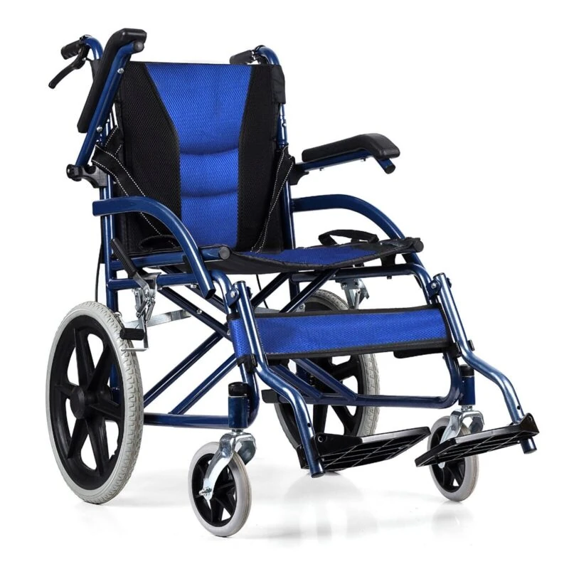 Blue and black folding wheelchair with large rear wheels and small front wheels.