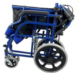 Folded blue wheelchair with black wheels and nylon seat.