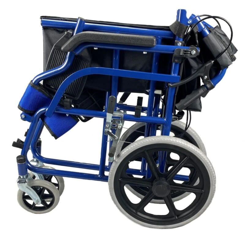 Folded blue wheelchair with black wheels and nylon seat.