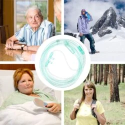 Collage of nasal cannula in medical and outdoor settings.