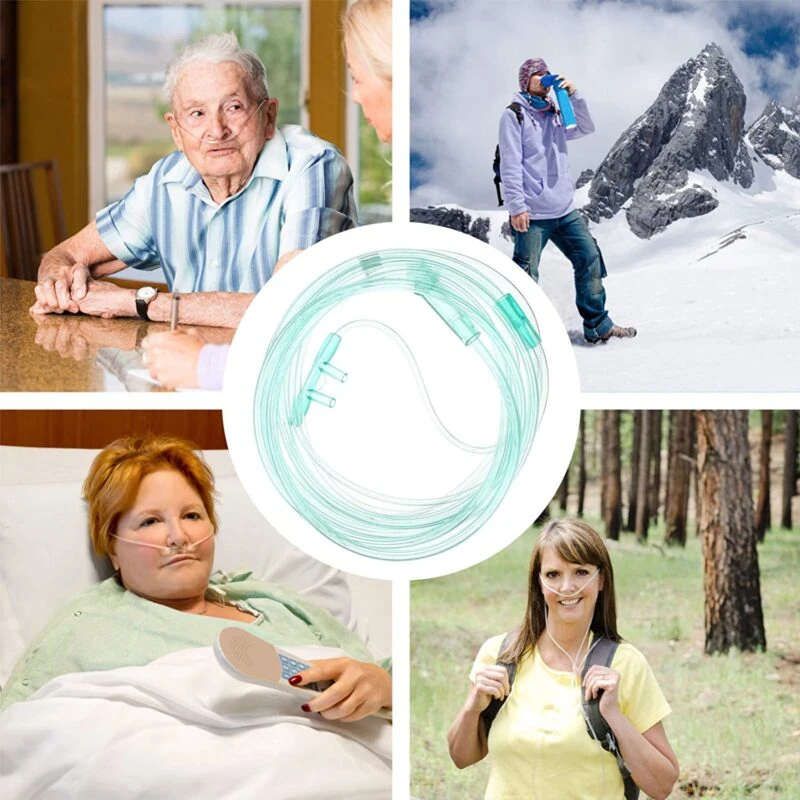 Collage of nasal cannula in medical and outdoor settings.