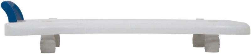Side view of a white bath board with a blue handle and adjustable legs.