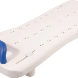 White bath board with blue handle and drainage holes.