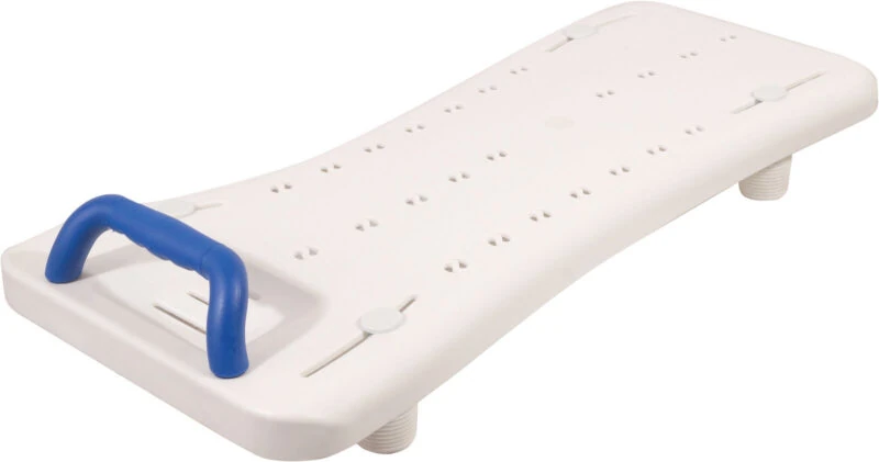 White bath board with blue handle and drainage holes.