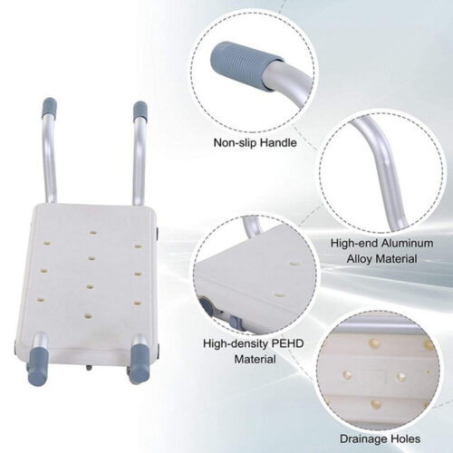 Suspended bath seat with non-slip handles and drainage holes.