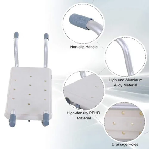 Suspended bath seat with non-slip handles and drainage holes.