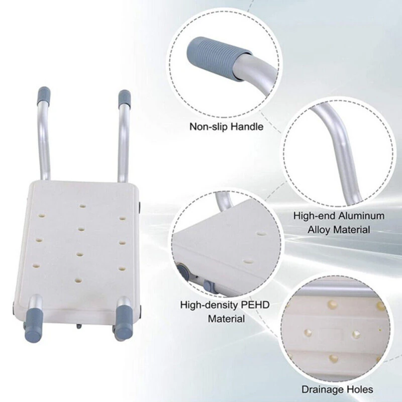 Suspended bath seat with non-slip handles and drainage holes.