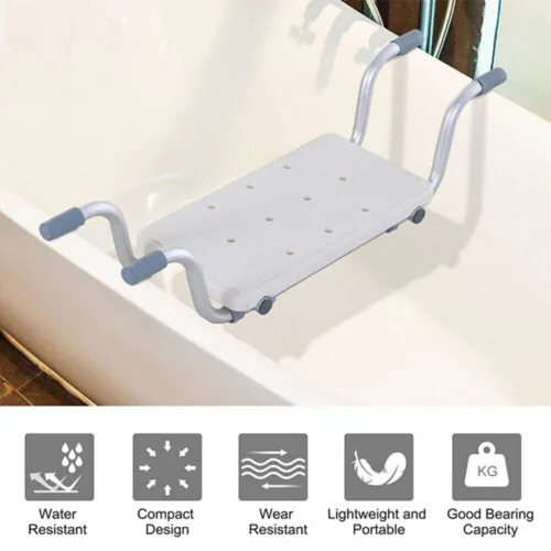 Suspended bath seat with aluminum frame and PE seat in a bathtub.