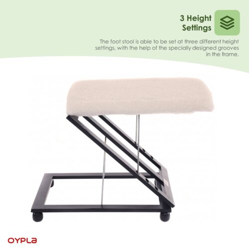 Adjustable foot stool with padded wool-effect cushion and metal frame.
