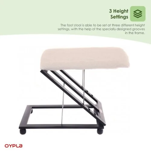 Adjustable foot stool with padded wool-effect cushion and metal frame.