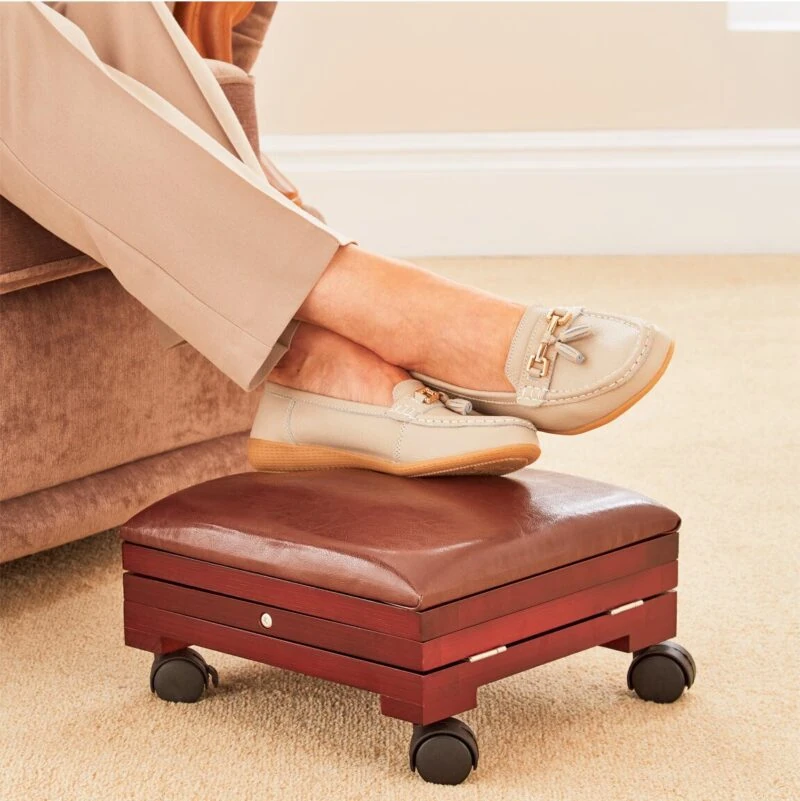 Wooden Foot Stool | Leather | Leg Rest with Cushion - Image 3