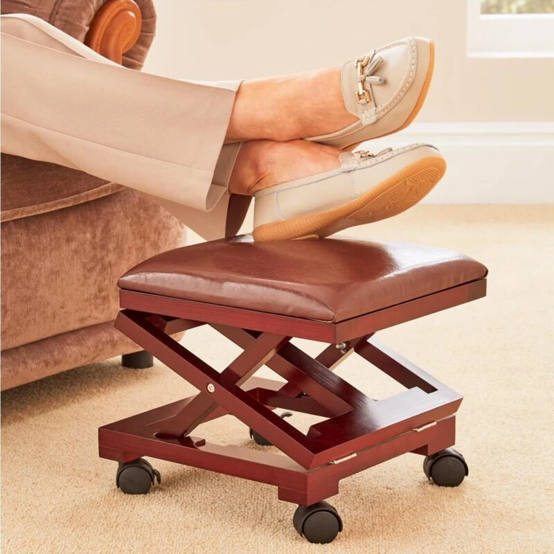 Wooden Foot Stool | Leather | Leg Rest with Cushion - Image 2