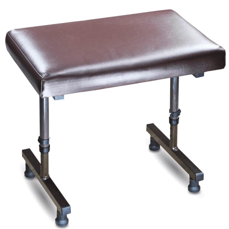 Brown adjustable leg rest stool with metal legs.