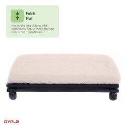 Foldable foot stool with padded wool-effect cover.