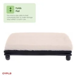 Foldable foot stool with padded wool-effect cover.