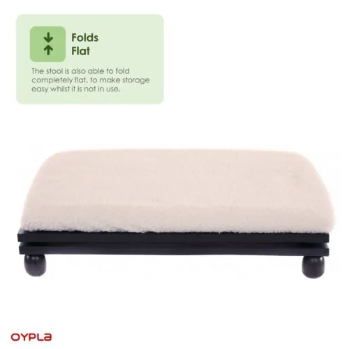 Foldable foot stool with padded wool-effect cover.