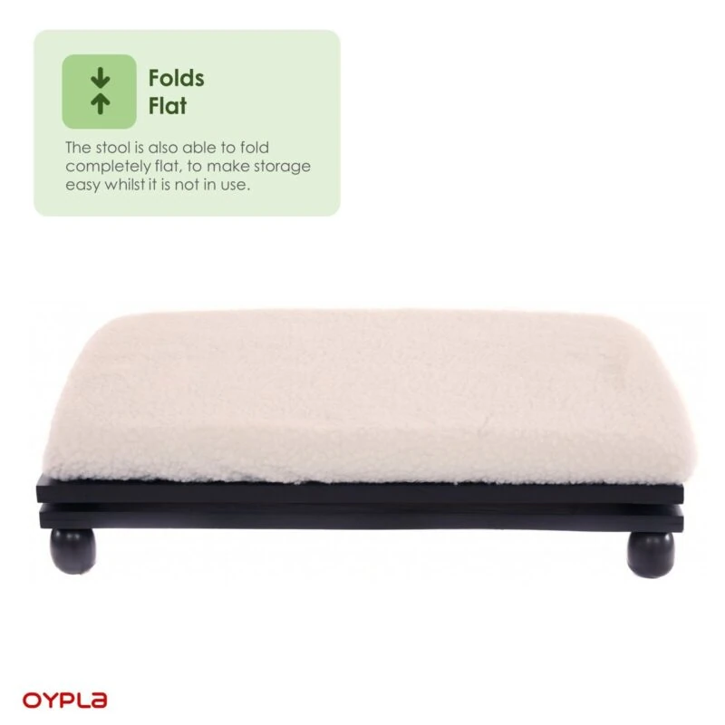 Foldable foot stool with padded wool-effect cover.