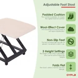 Foot stool with padded cushion and adjustable height settings.