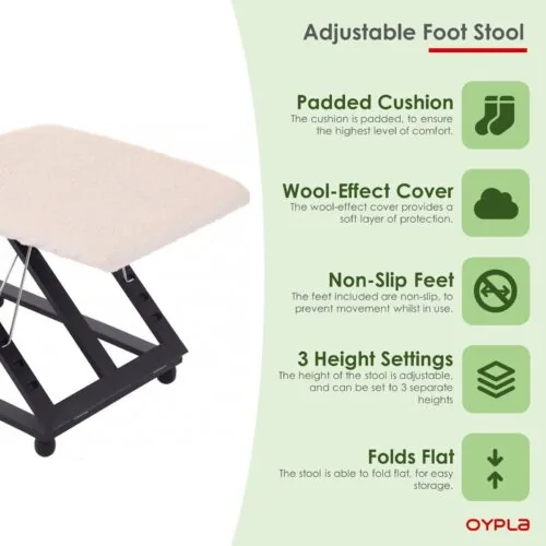 Foot stool with padded cushion and adjustable height settings.