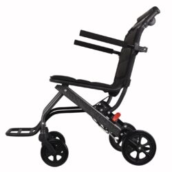 Side view of a black aluminium folding travel wheelchair.