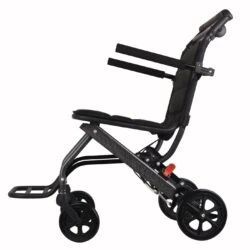 Side view of a black aluminium folding travel wheelchair.
