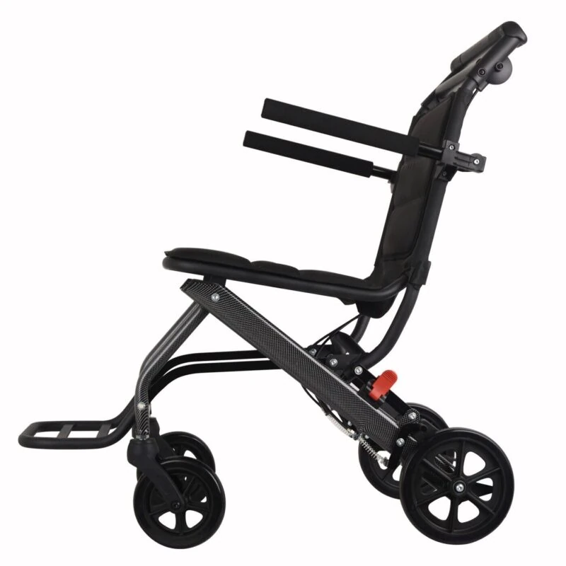 Side view of a black aluminium folding travel wheelchair.