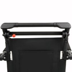 Back view of black folding travel wheelchair with ergonomic handles.