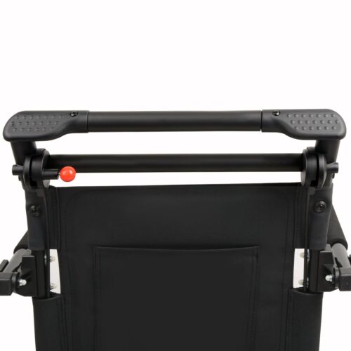Back view of black folding travel wheelchair with ergonomic handles.